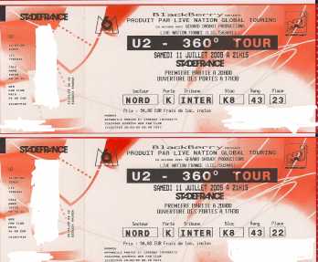 Fotografía: Proponga a vender Billetes de concierto U2 360° TOUR STADE DE FRANCE 11/07/2009 - PARIS