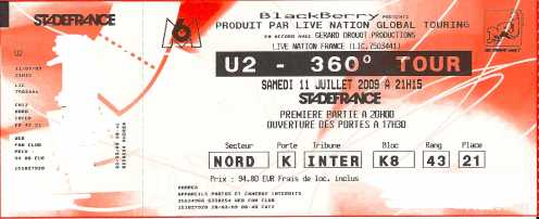 Fotografía: Proponga a vender Billetes de concierto U2 360° TOUR STADE DE FRANCE 11/07/2009 - PARIS