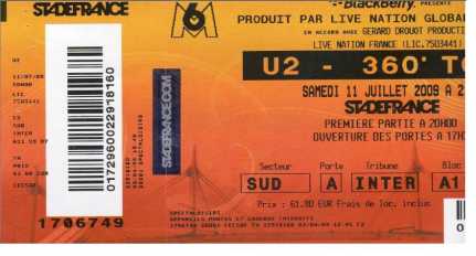 Fotografía: Proponga a vender Billete de concierto U2 STADE DE FRANCE - STADE DE FRANCE