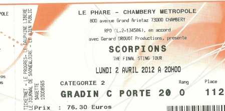 Fotografía: Proponga a vender Billetes de concierto CONCERT DE SCORPION 02.04.2012 - CHAMBERY