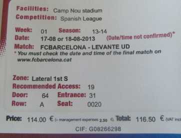 Fotografía: Proponga a vender Billete de concierto FC BARCELONE -  LEVANTE - CAMP NOU