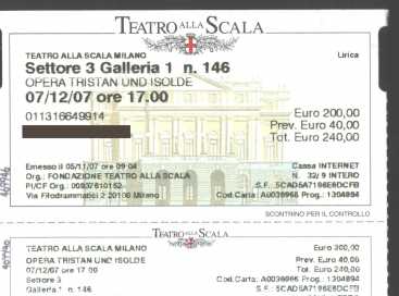 Fotografía: Proponga a vender Billete de teatro TRISTANO E ISOTTA PRIMA ASSOLUTA - TEATRO ALLA SCALA PRIMA ASSOLUTA