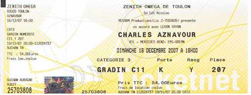 Fotografía: Proponga a vender Billetes de concierto CHARLES AZNAVOUR - ZENITH OMEGA TOULON